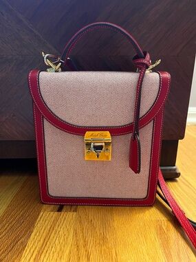 Mark Cross Uptown Bag small red linen leather trim crossbody top handle shoulder